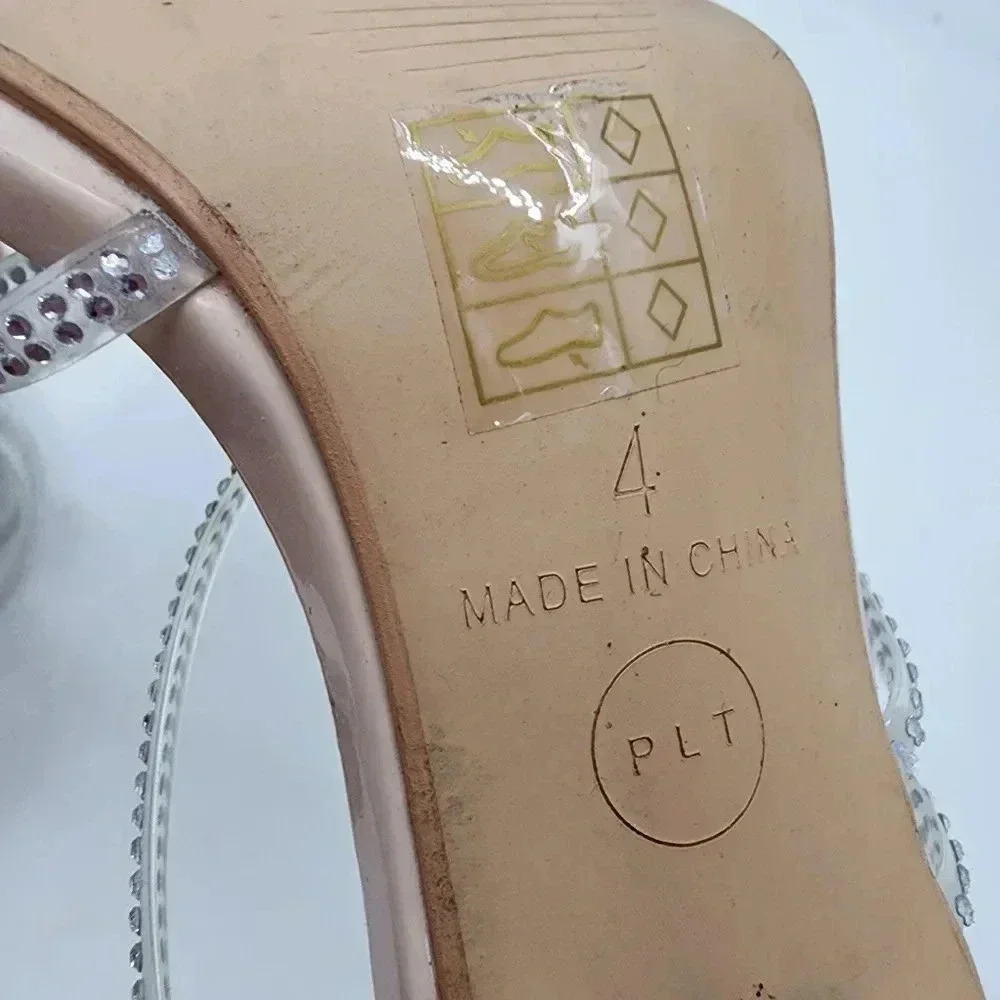 PrettyLittleThing Women's Nude Beige Clear Heel Mule Sandals Rhinestones Sz 6 - Picture 9 of 9